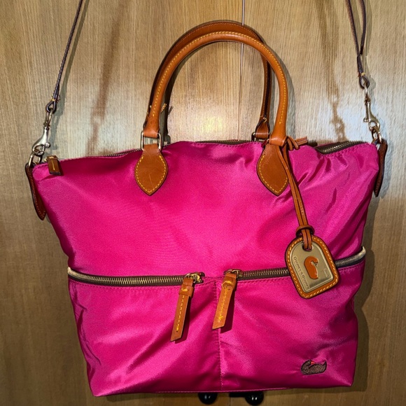 Dooney & Bourke Nylon Pink Satchel Tote Bag w/ Leather Trim & Shoulder Strap - Picture 17 of 17